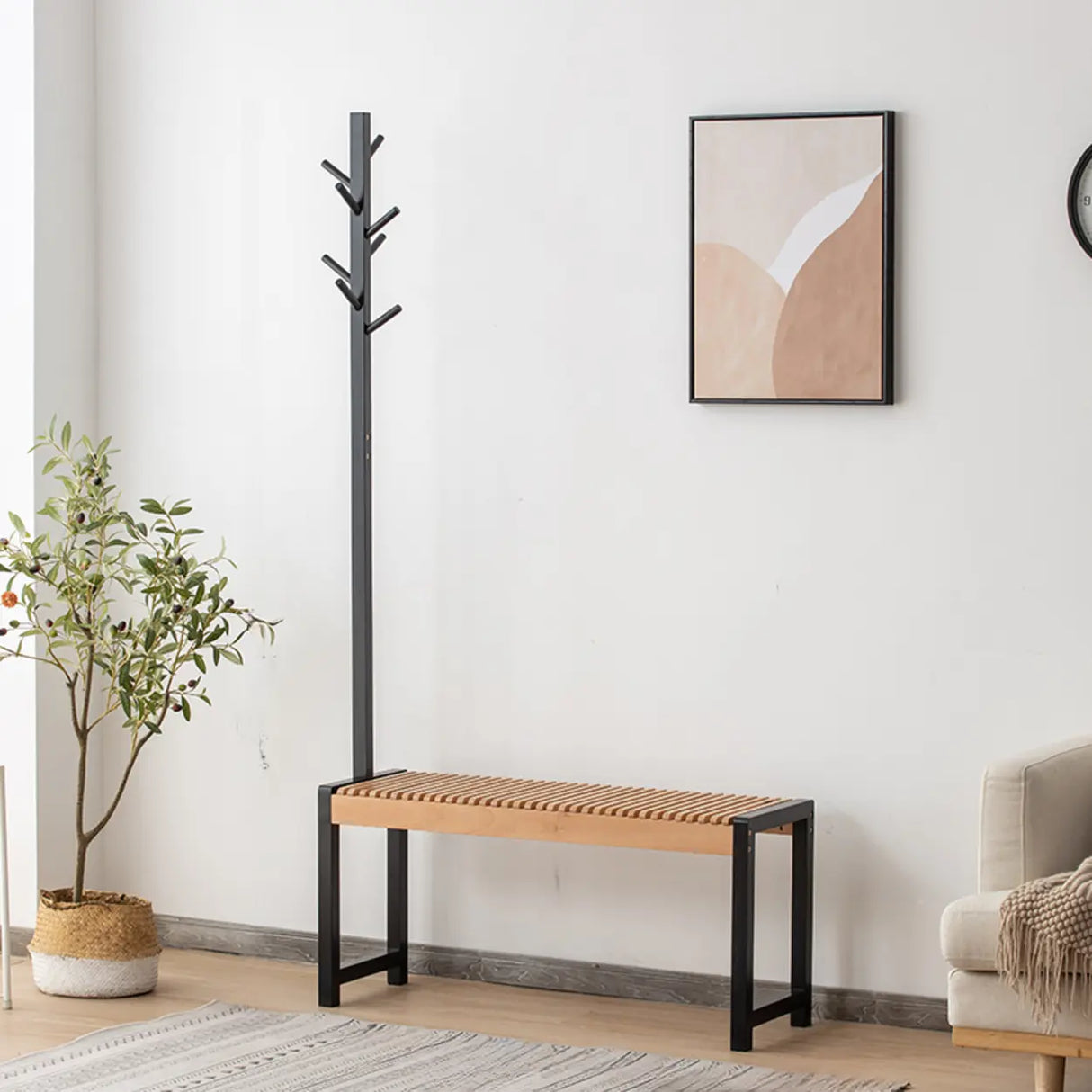 Modern Entryway Coat Rack Bench with Shoe Storage Seat Image - 3