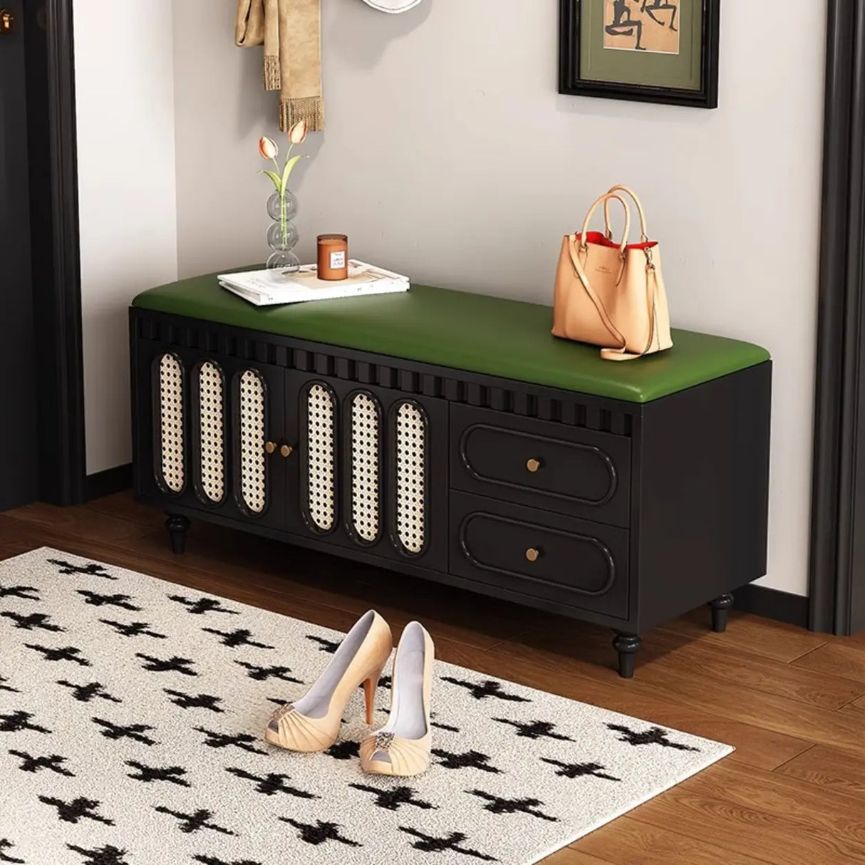 Modern Entryway Storage Bench with Cushioned Seat & Drawers Image - 1