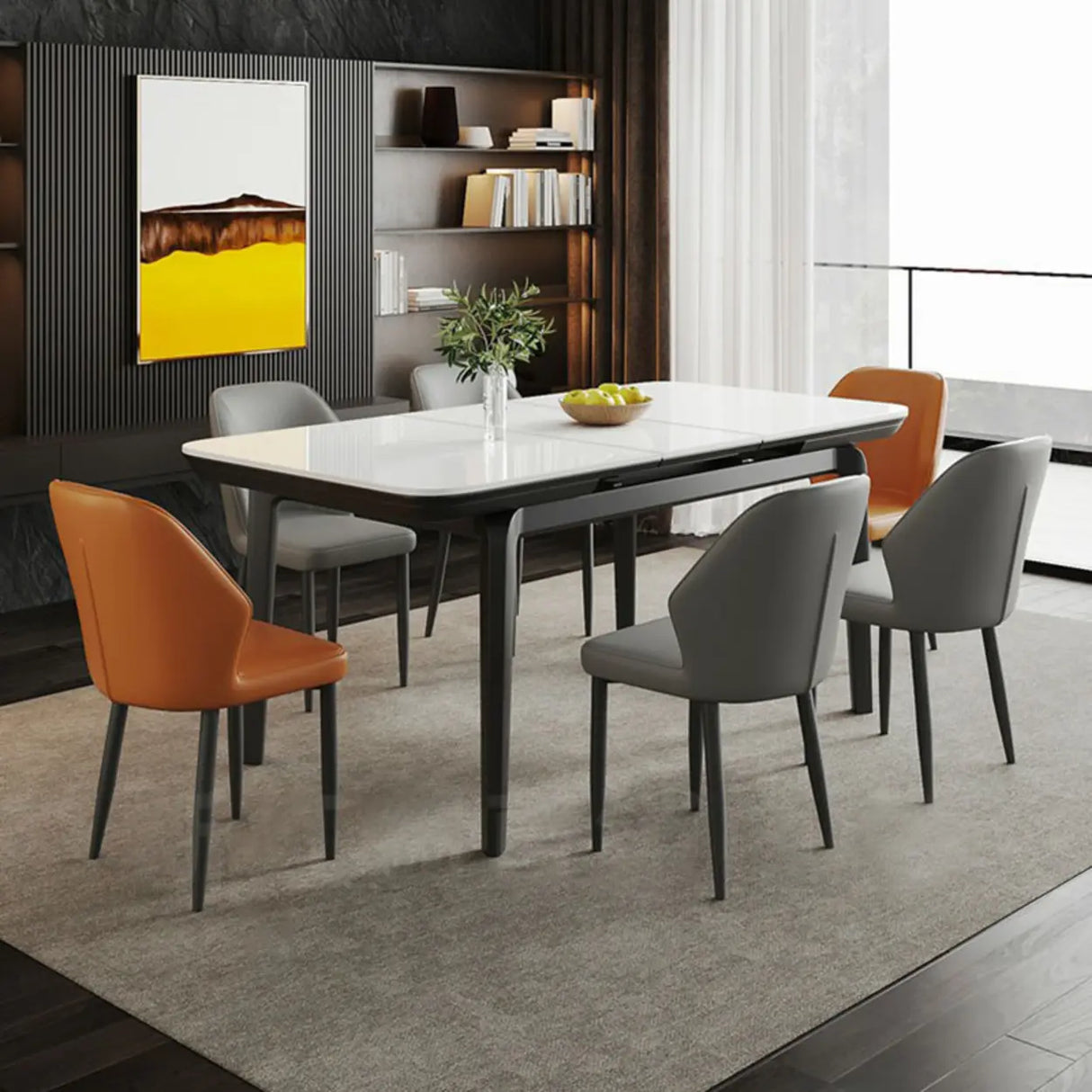 Modern Extendable Rectangular Stone Dining Table White Image - 10