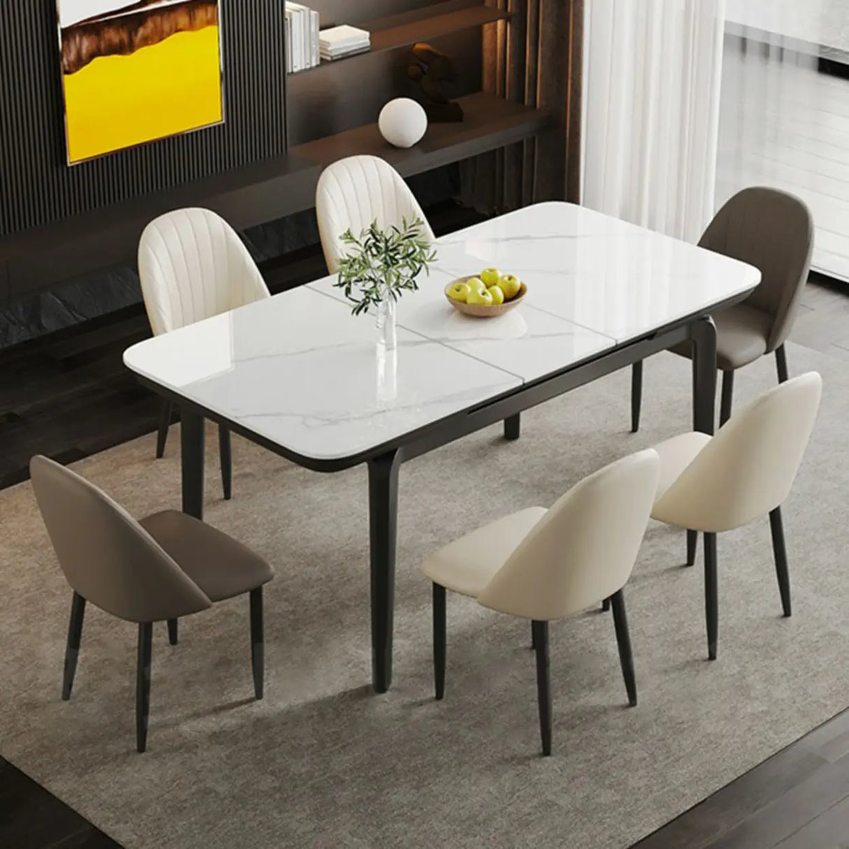 Modern Extendable Rectangular Stone Dining Table White Image - 1