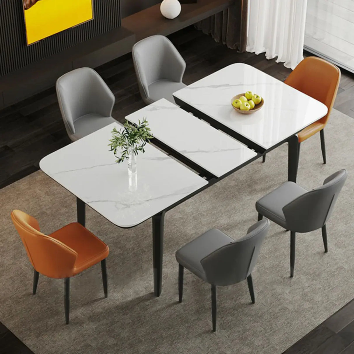 Modern Extendable Rectangular Stone Dining Table White Image - 3