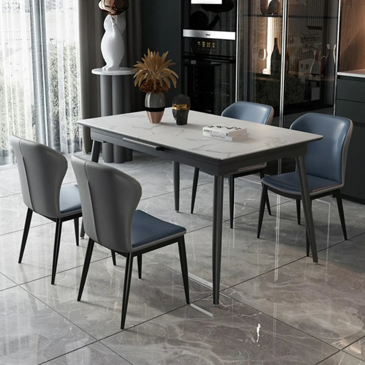 Modern Extendable Rectangular White Marble Dining Table Image - 1