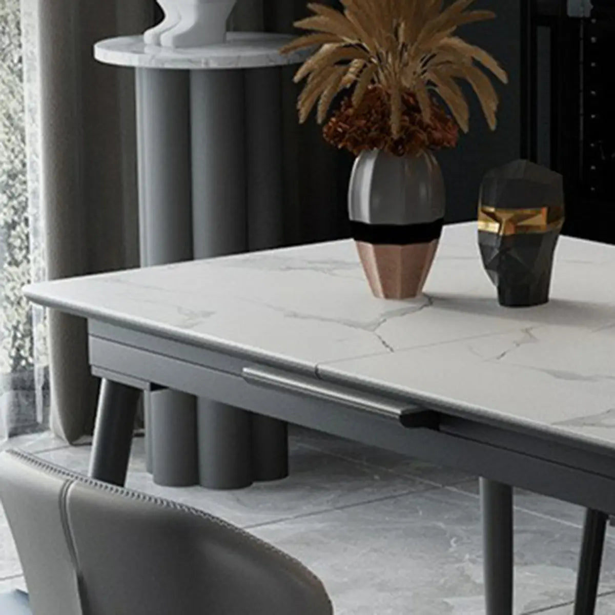 Modern Extendable Rectangular White Marble Dining Table Image - 3
