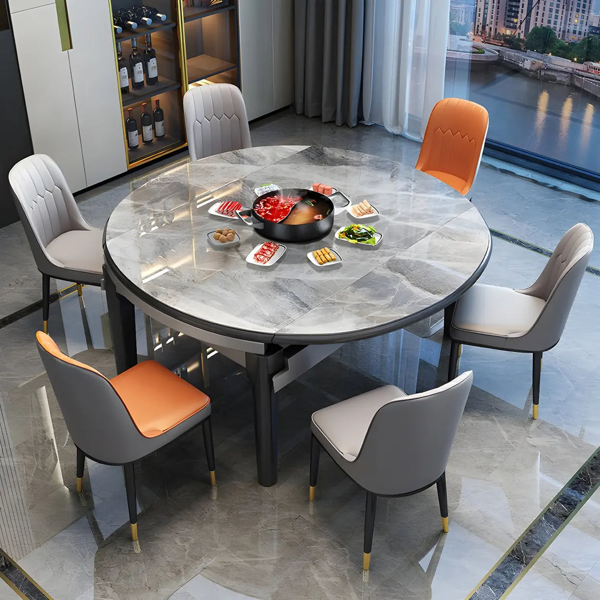 Modern Extendable Round Marble Kitchen Grey Dining Table Image - 1