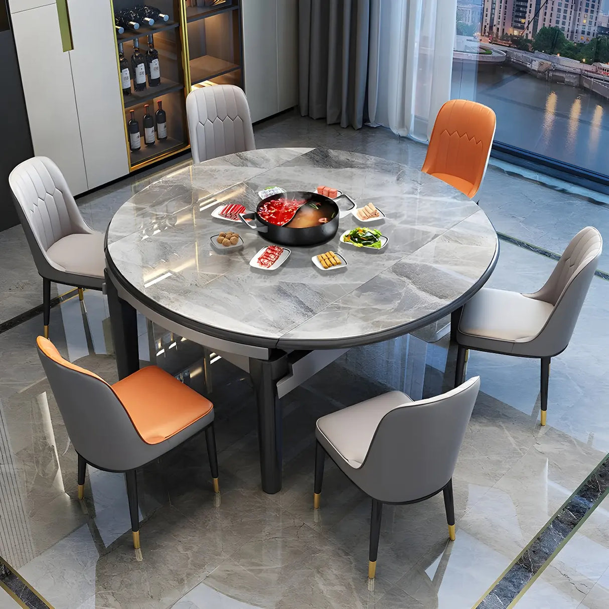 Modern Extendable Round Marble Kitchen Grey Dining Table Image - 2