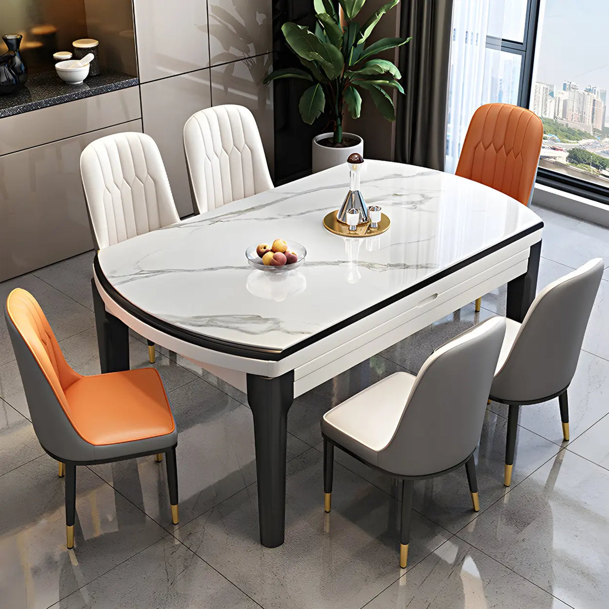 Modern Extendable Round Marble Kitchen Grey Dining Table Image - 4