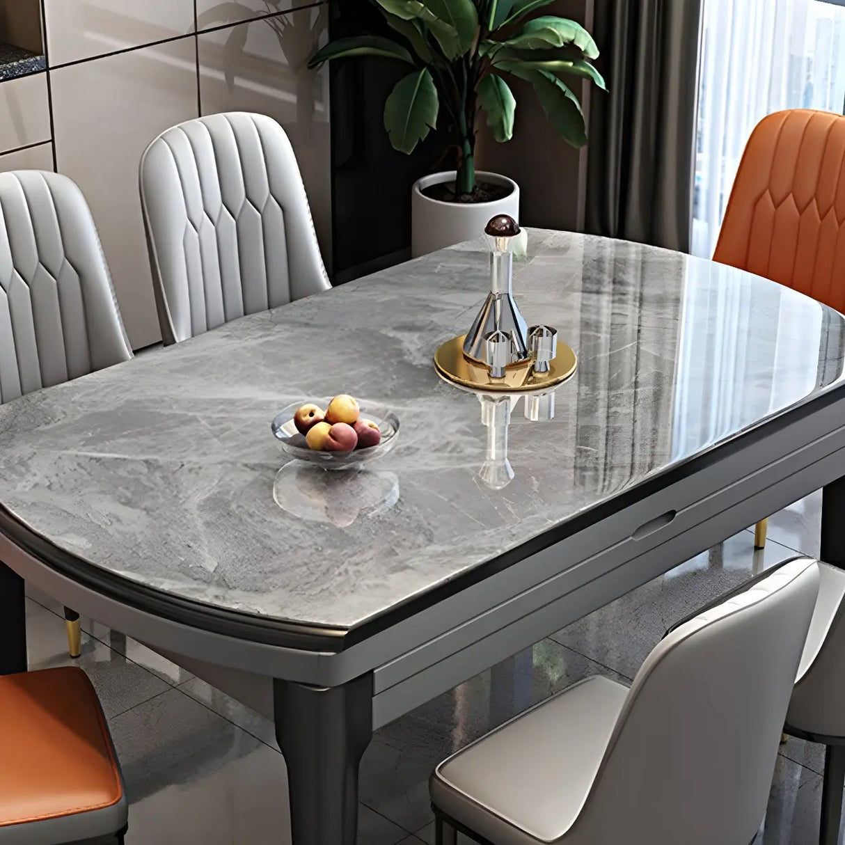 Modern Extendable Round Marble Kitchen Grey Dining Table Image - 5