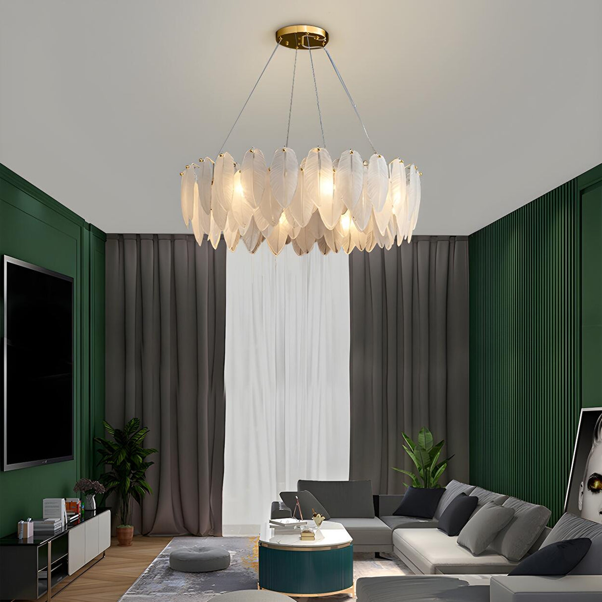 Modern Feather Clear Glass Round Pendant Chandelier Image - 8