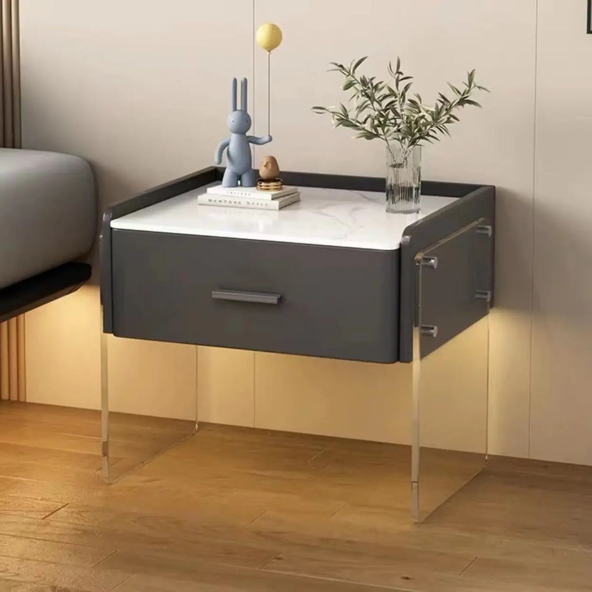 Modern Floating Clear Acrylic Leg Nightstand with Drawer Image - 1