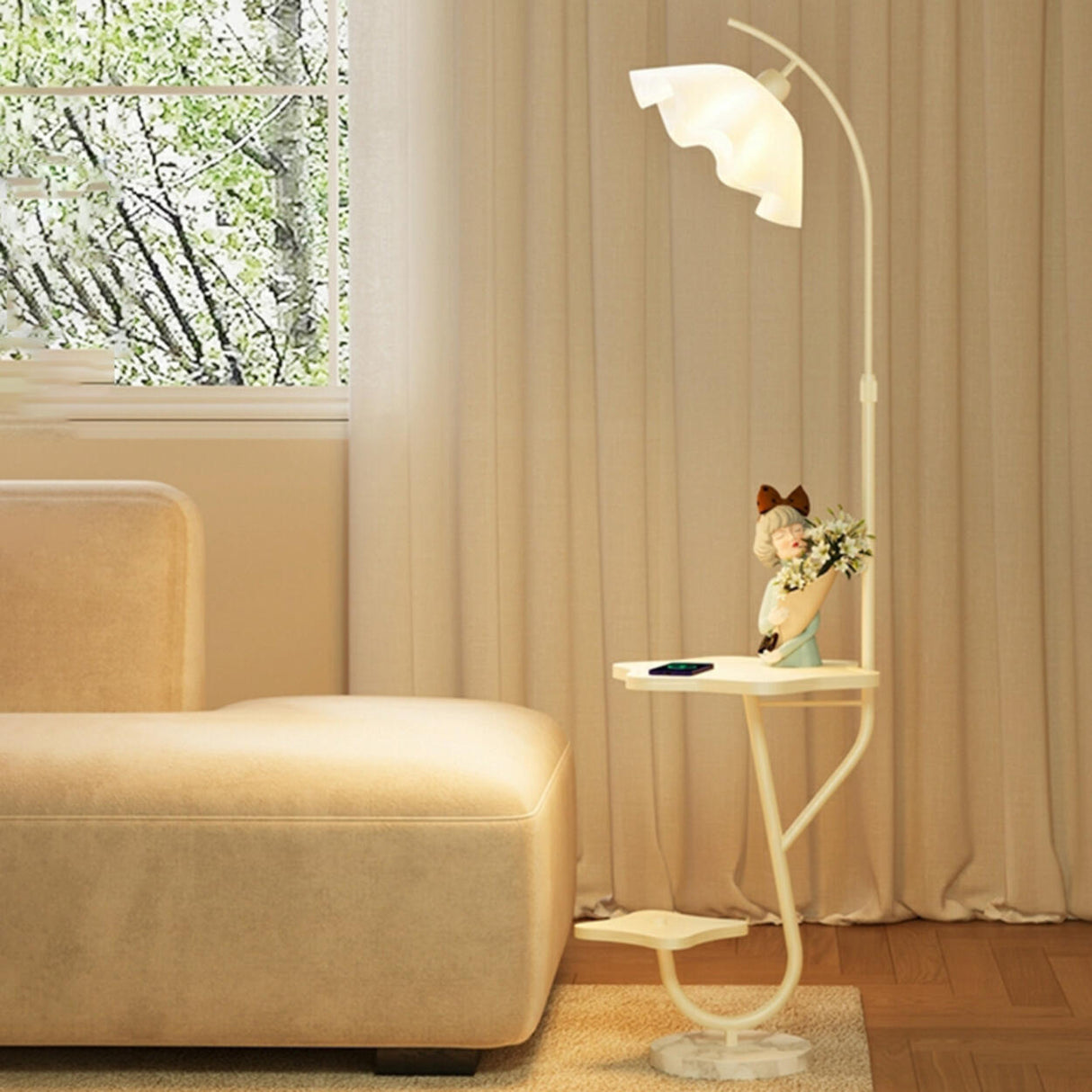Modern Floral Adjustable Floor Lamp with Shelves Image - 1