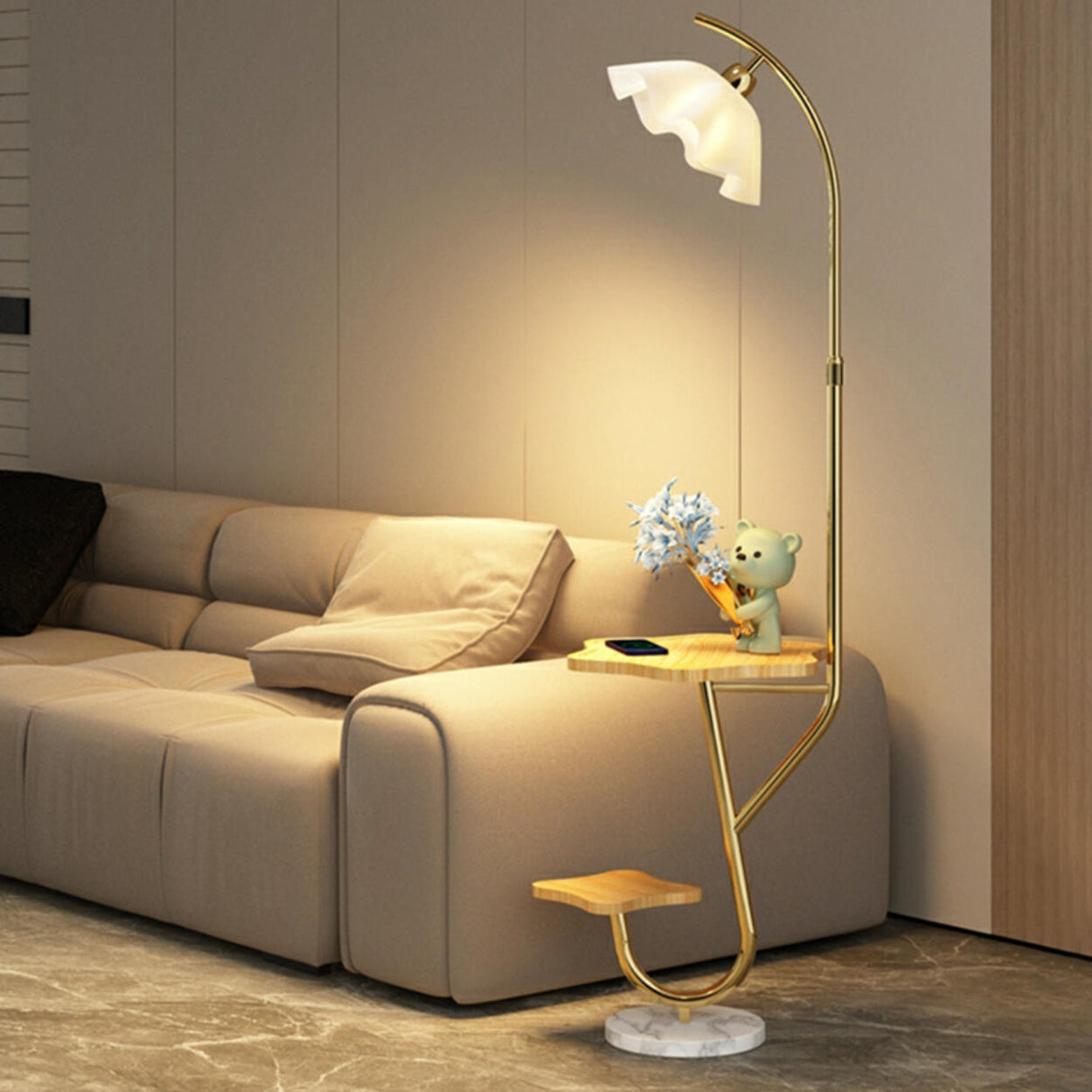 Modern Floral Adjustable Floor Lamp with Shelves Image - 5