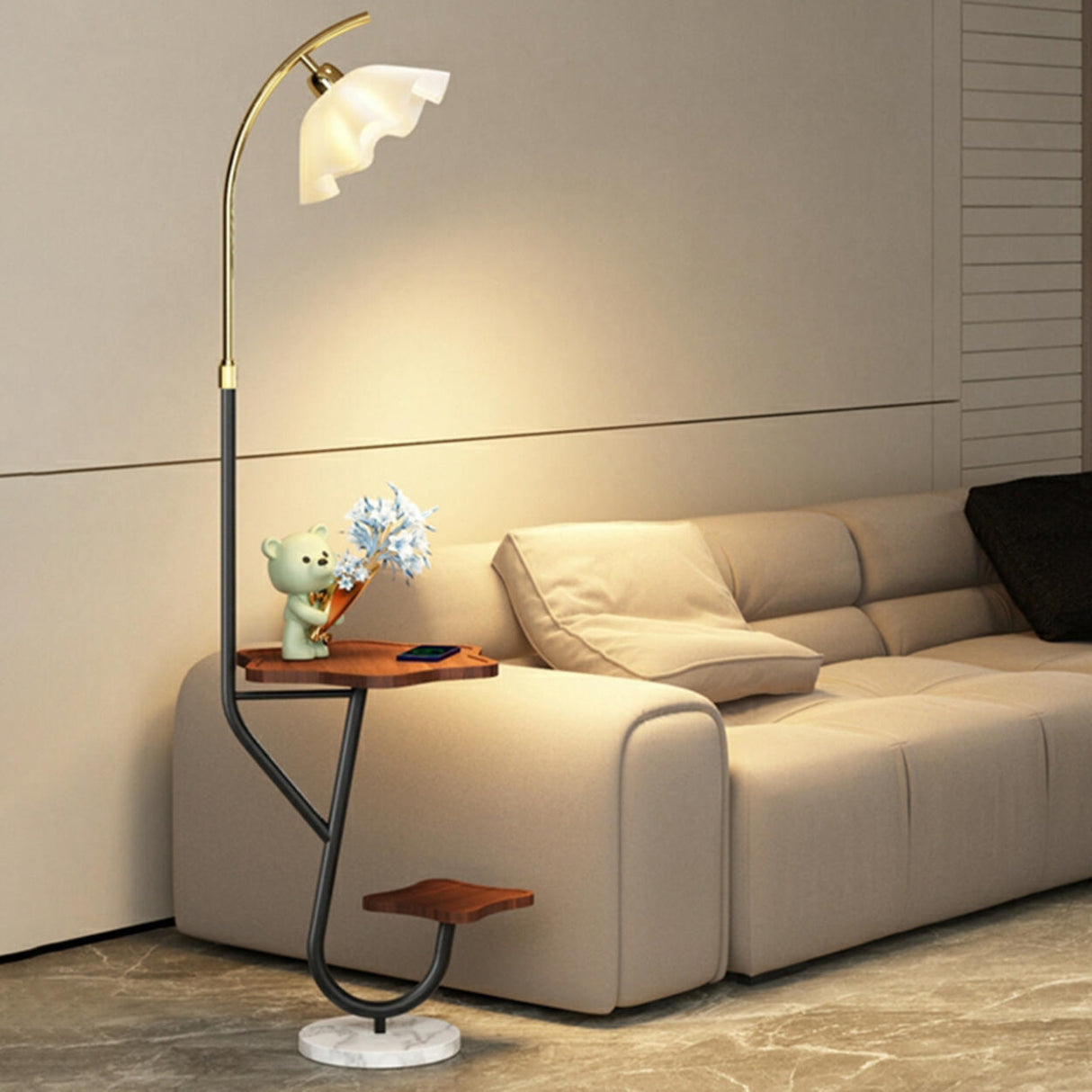 Modern Floral Adjustable Floor Lamp with Shelves Image - 6