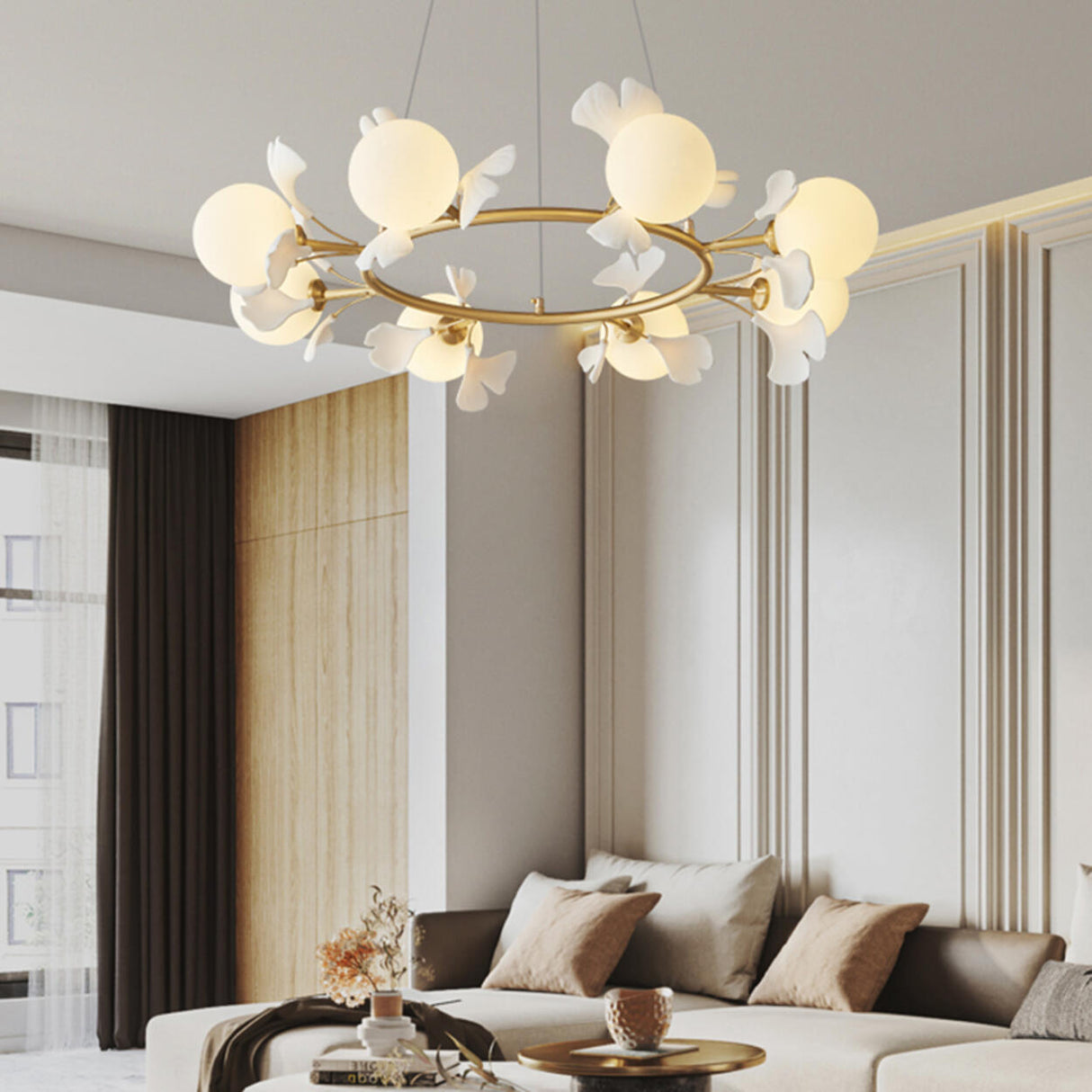 Modern Floral Leaves Circle White Ball Chandelier Image - 4