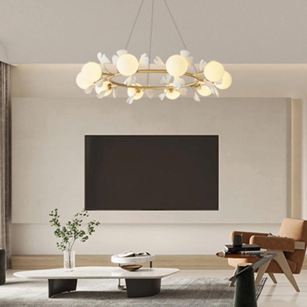 Modern Floral Leaves Circle White Ball Chandelier Image - 6