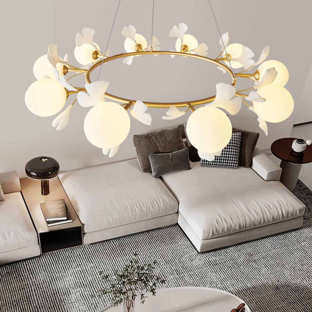Modern Floral Leaves Circle White Ball Chandelier Image - 7