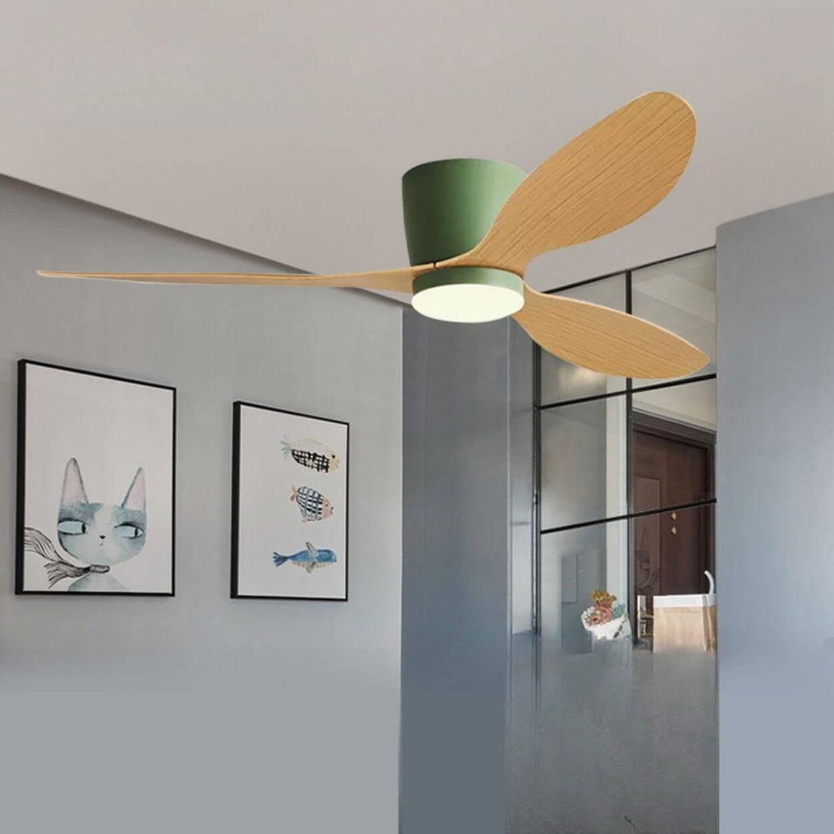 Modern Flush Mount Wood Grain Blades Ceiling Fan Light Image - 1