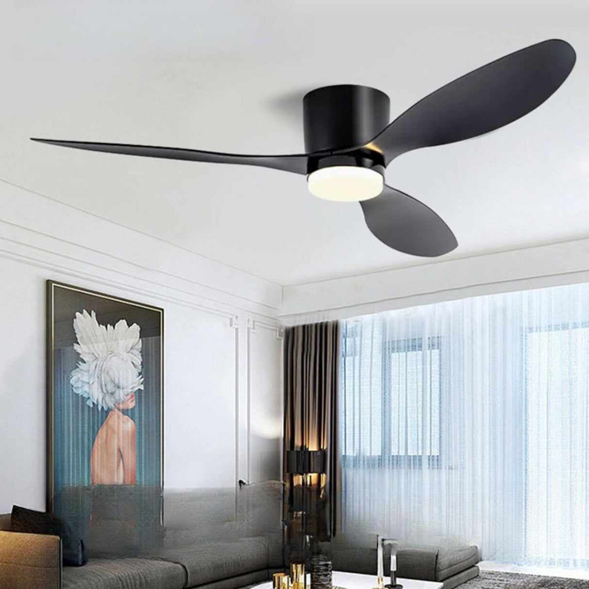 Modern Flush Mount Wood Grain Blades Ceiling Fan Light Image - 2