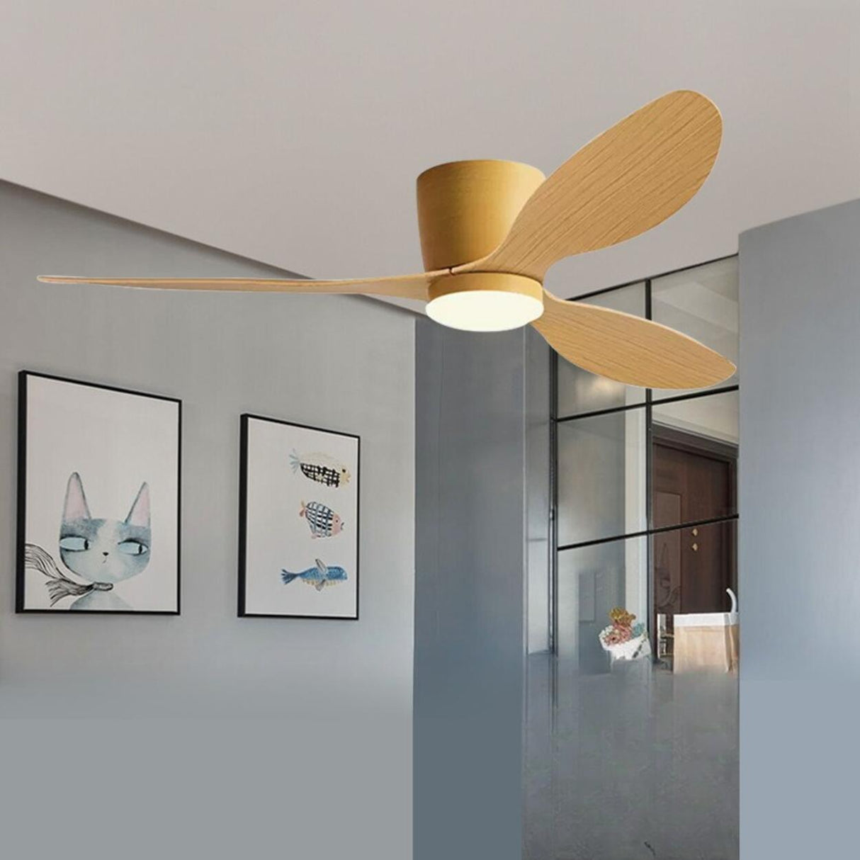Modern Flush Mount Wood Grain Blades Ceiling Fan Light Image - 3