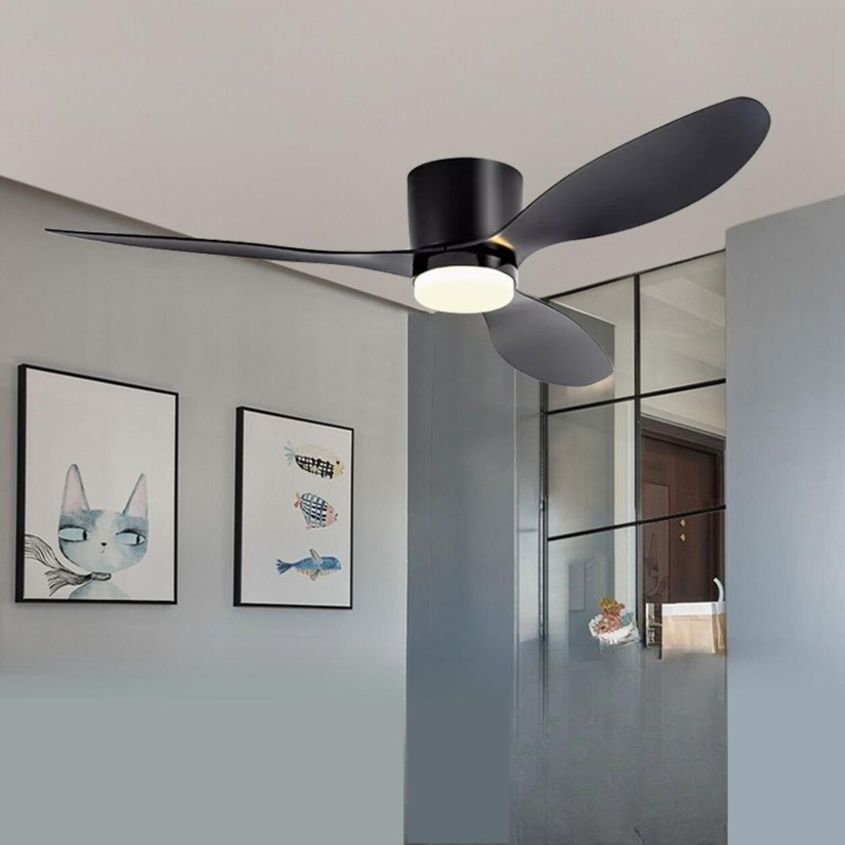 Modern Flush Mount Wood Grain Blades Ceiling Fan Light Image - 4