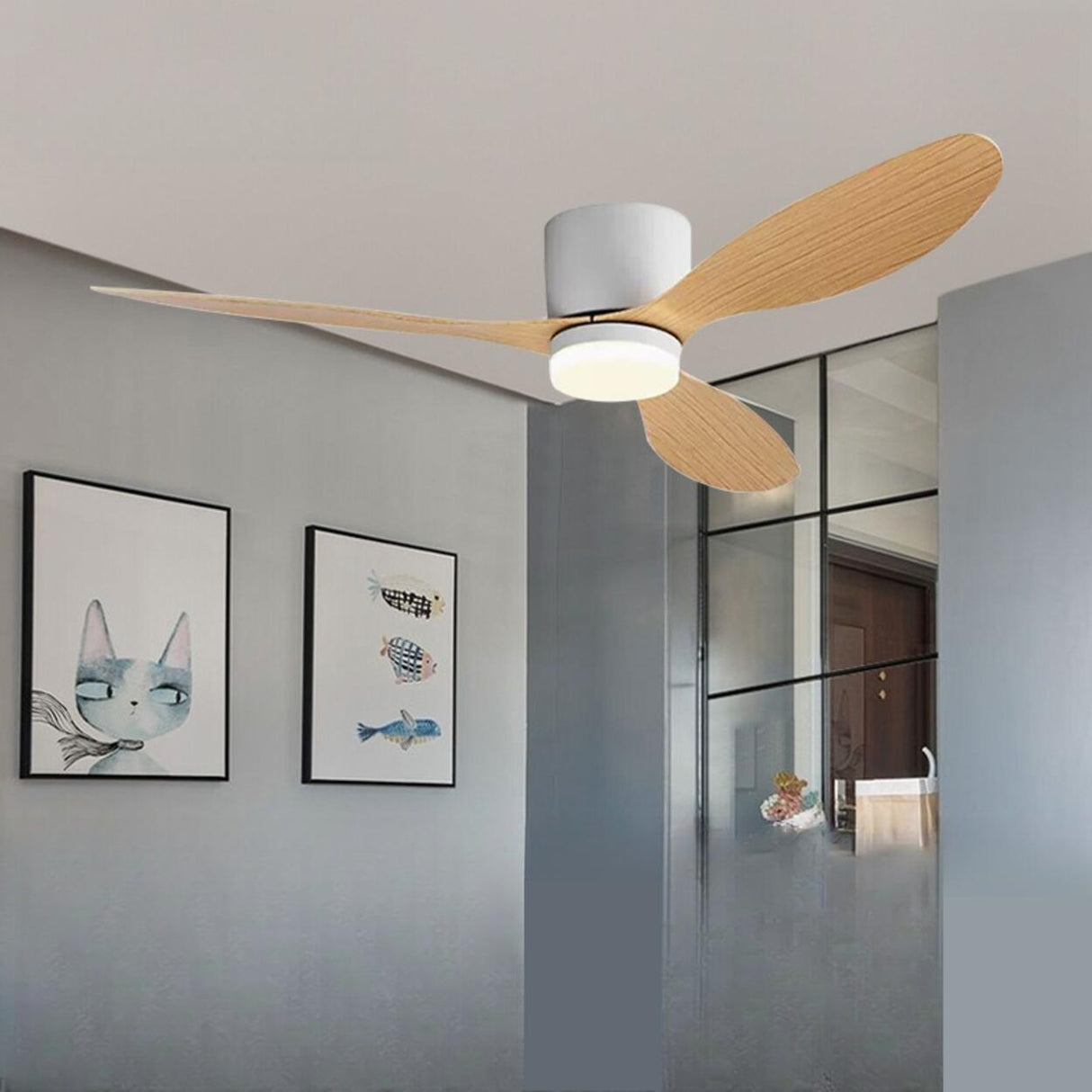 Modern Flush Mount Wood Grain Blades Ceiling Fan Light Image - 8