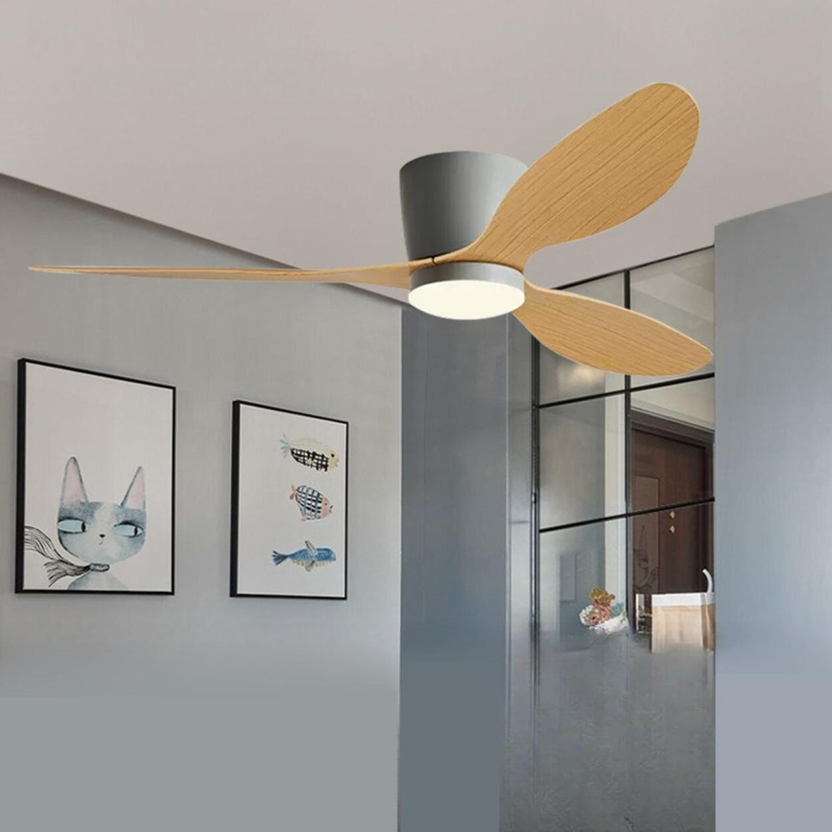 Modern Flush Mount Wood Grain Blades Ceiling Fan Light Image - 9