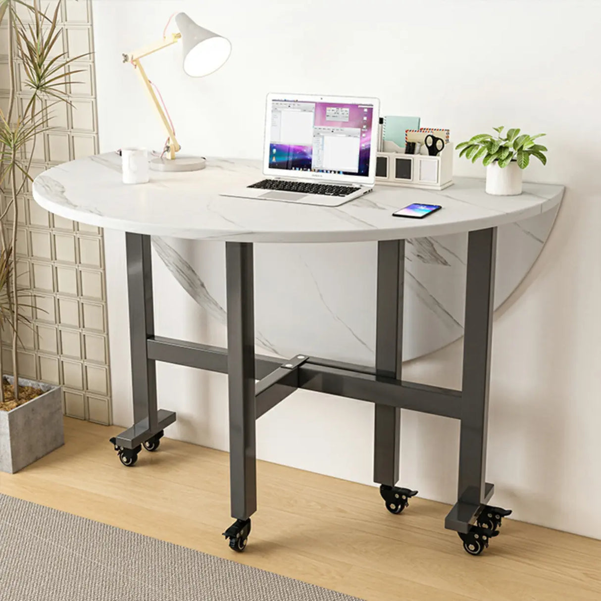 Modern Foldable White Marble Dining Table on Wheels Image - 17