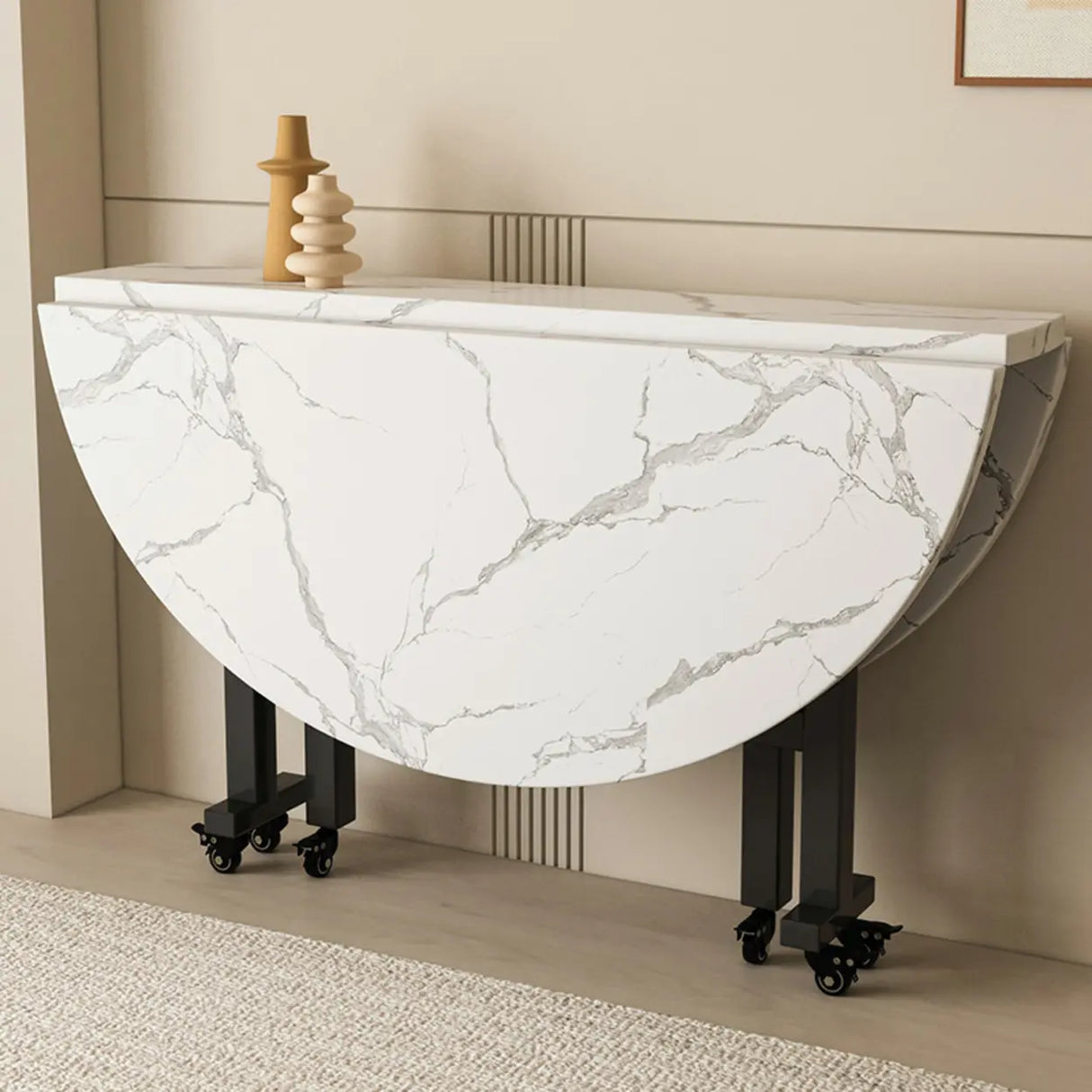 Modern Foldable White Marble Dining Table on Wheels Image - 1