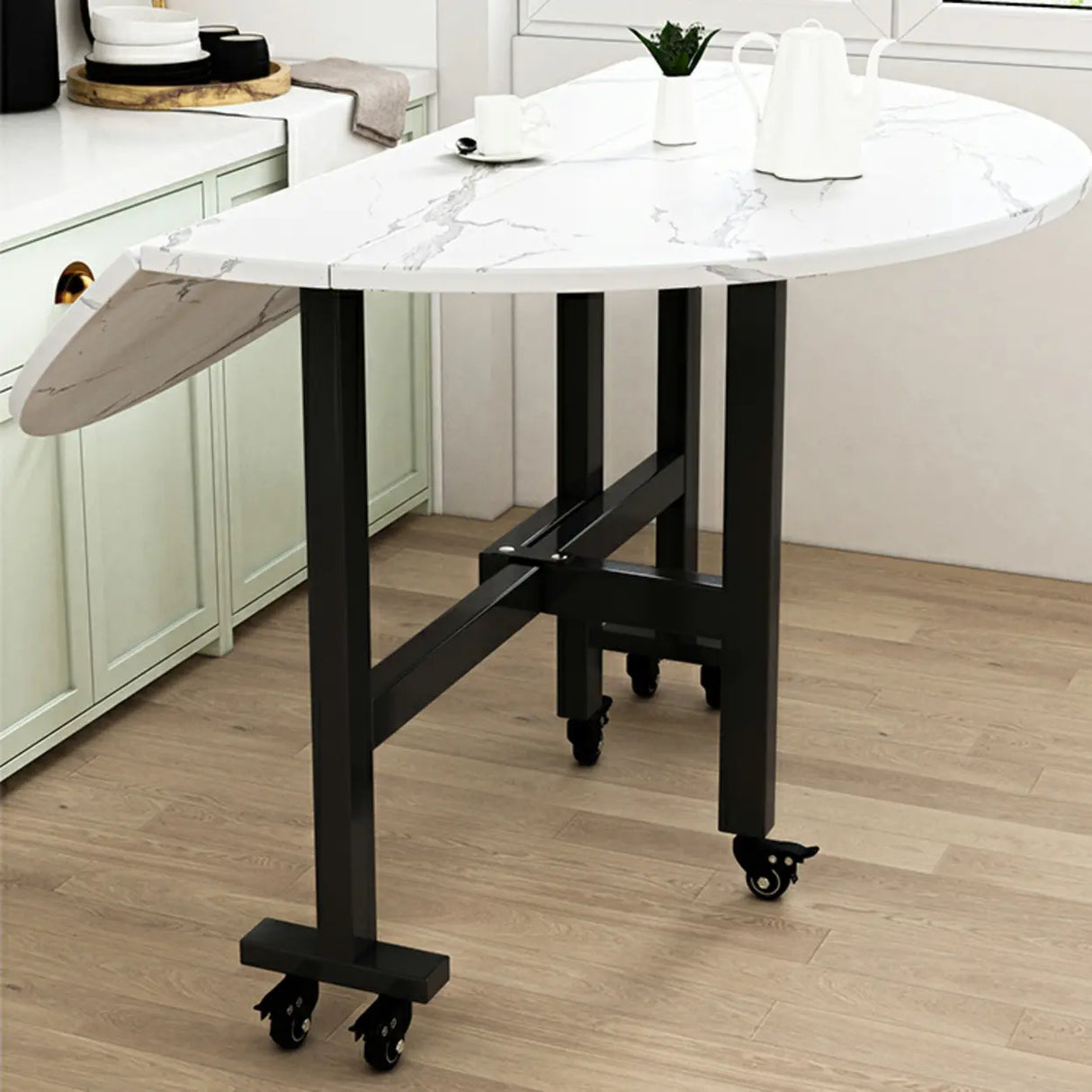 Modern Foldable White Marble Dining Table on Wheels Image - 4