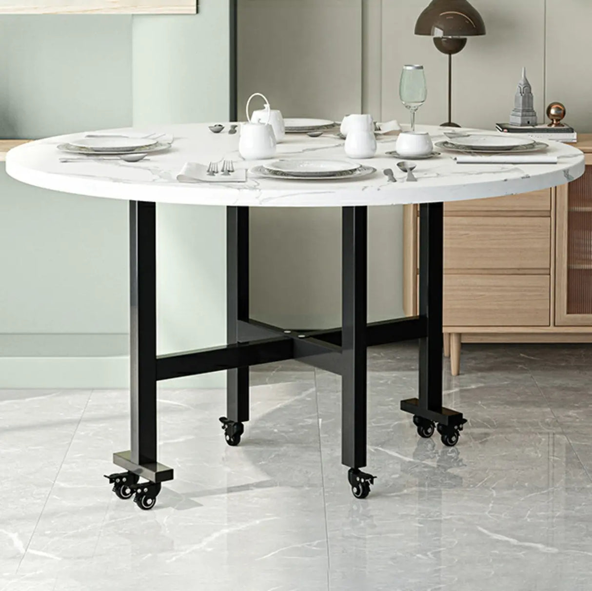 Modern Foldable White Marble Dining Table on Wheels Image - 5