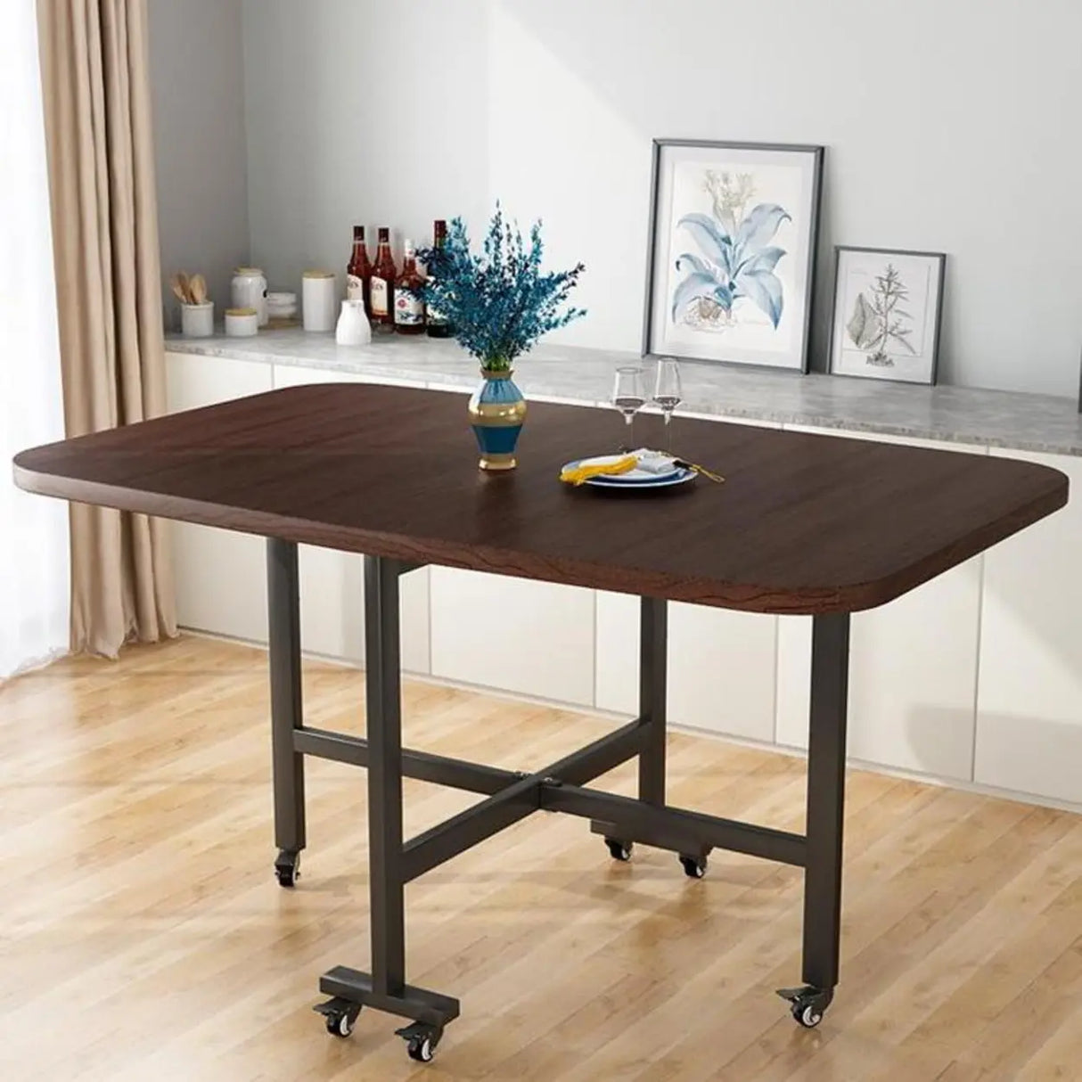 Modern Folding Rectangular Wood Metal Dining Table Black Image - 13