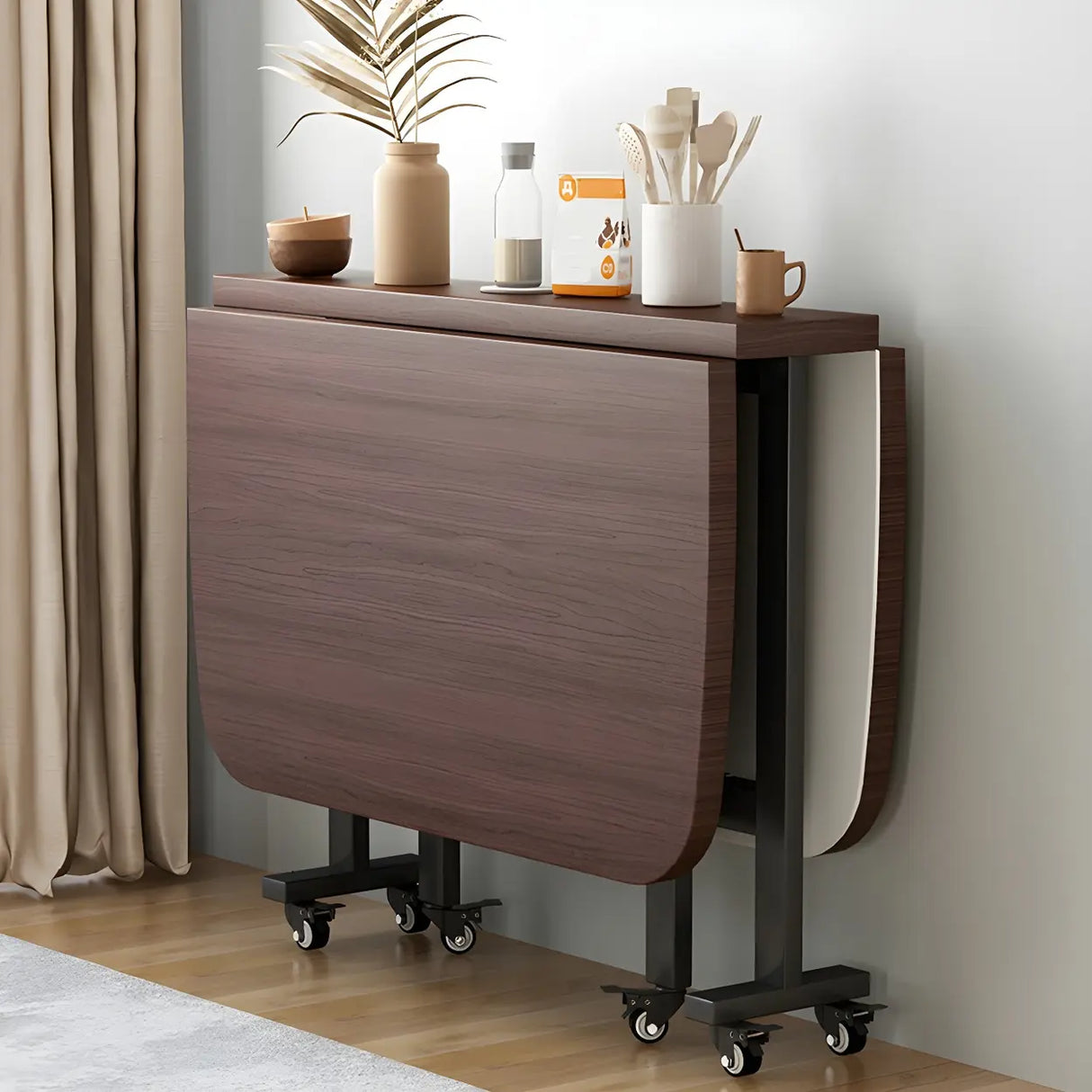 Modern Folding Rectangular Wood Metal Dining Table Black Image - 14