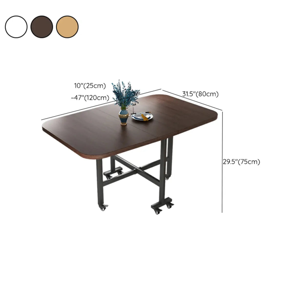Modern Folding Rectangular Wood Metal Dining Table Black