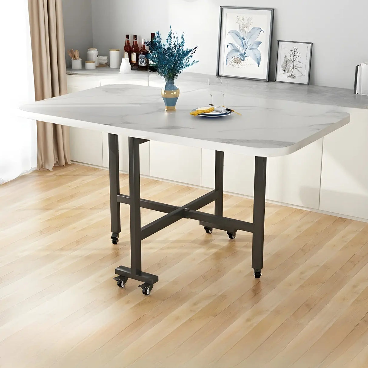 Modern Folding Rectangular Wood Metal Dining Table Black Image - 2