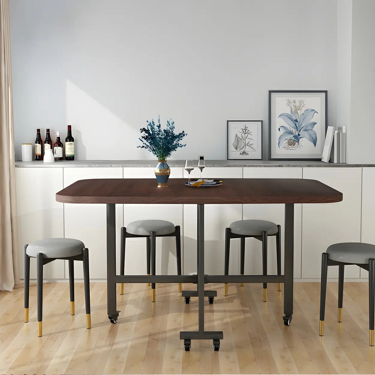 Modern Folding Rectangular Wood Metal Dining Table Black Image - 4