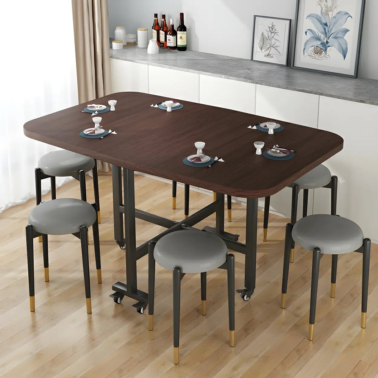 Modern Folding Rectangular Wood Metal Dining Table Black Image - 5