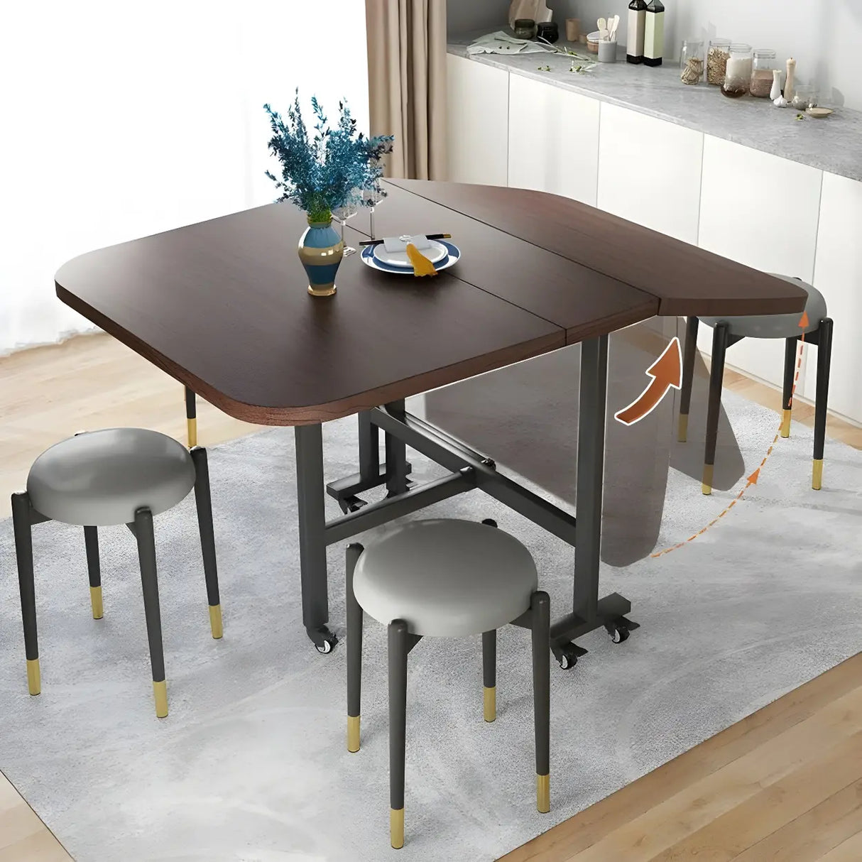 Modern Folding Rectangular Wood Metal Dining Table Black Image - 6