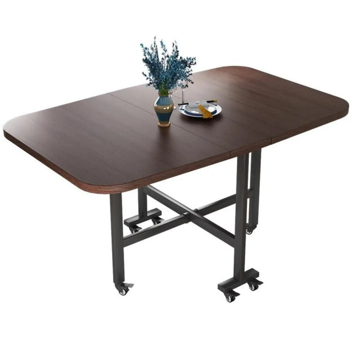 Modern Folding Rectangular Wood Metal Dining Table Black Image - 7