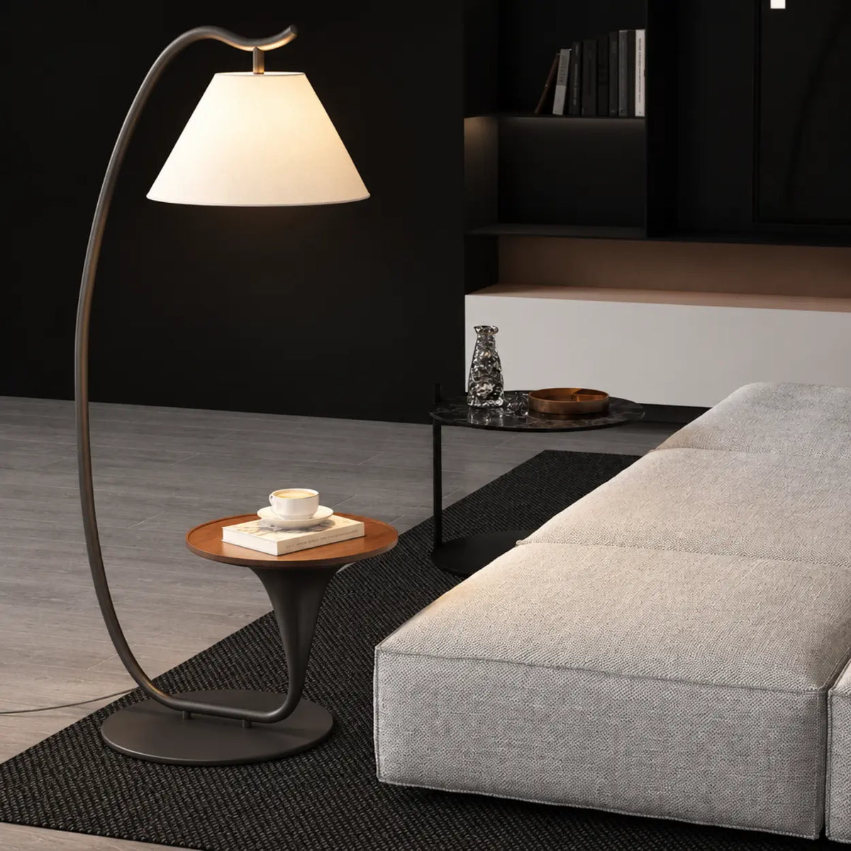 Modern Foot Switch Fabric Cone Arc Floor Lamp with Wood Table Image - 2
