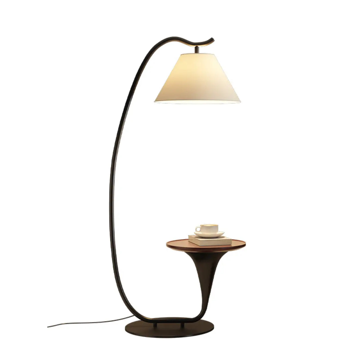 Modern Foot Switch Fabric Cone Arc Floor Lamp with Wood Table Image - 5