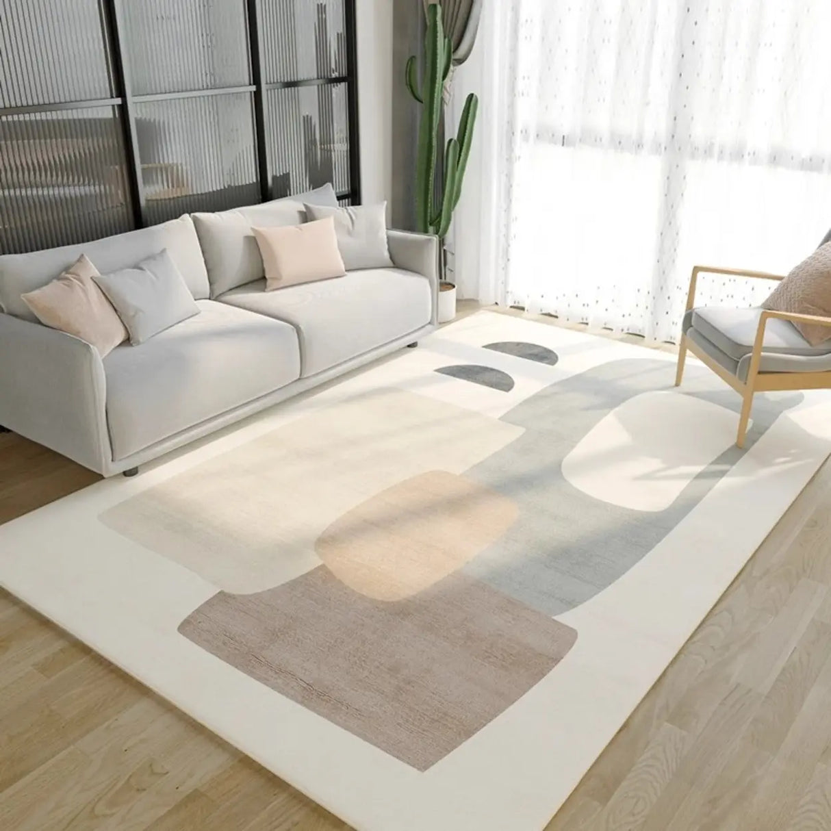 Modern Geometric Flannel Beige Anti-slip Area Rug Image - 1