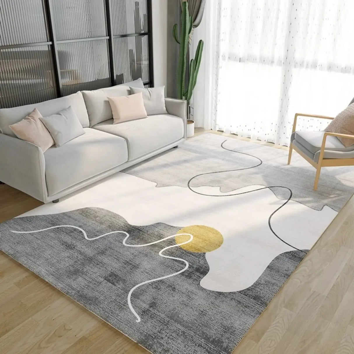 Modern Geometric Flannel Beige Anti-slip Area Rug Image - 2