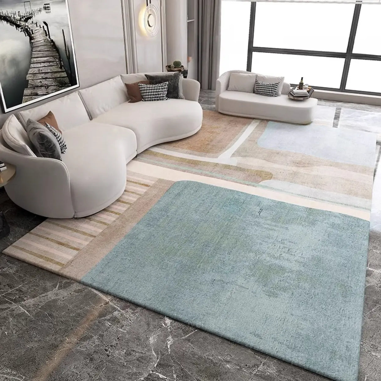 Modern Geometric Flannel Beige Anti-slip Area Rug Image - 22