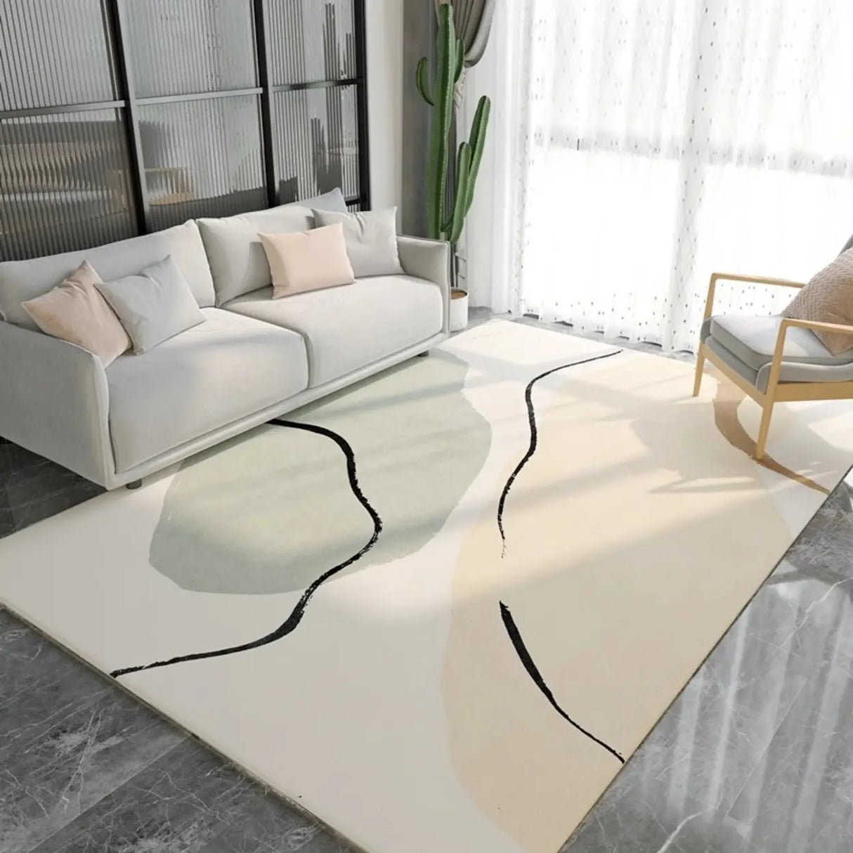 Modern Geometric Flannel Beige Anti-slip Area Rug Image - 3