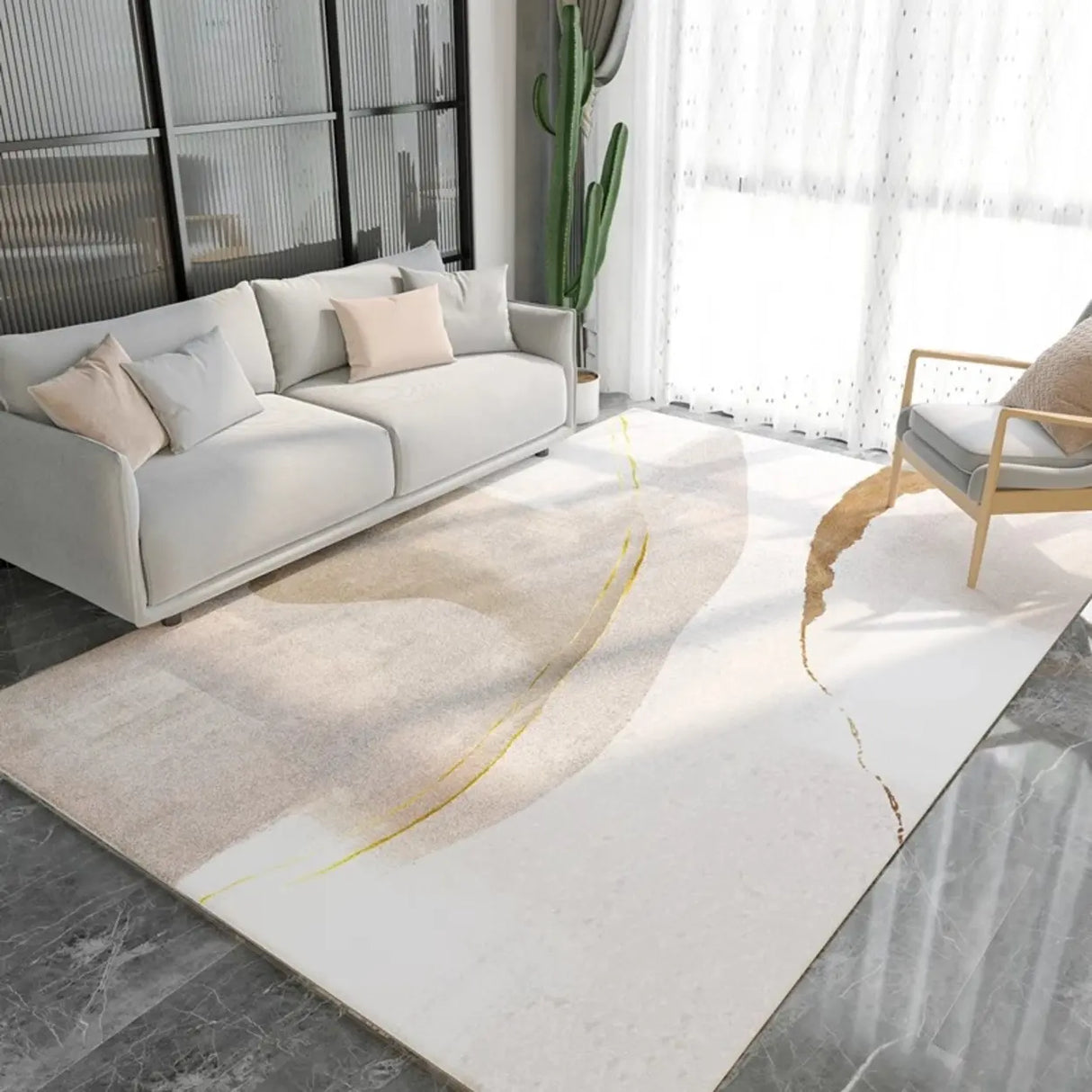 Modern Geometric Flannel Beige Anti-slip Area Rug Image - 5