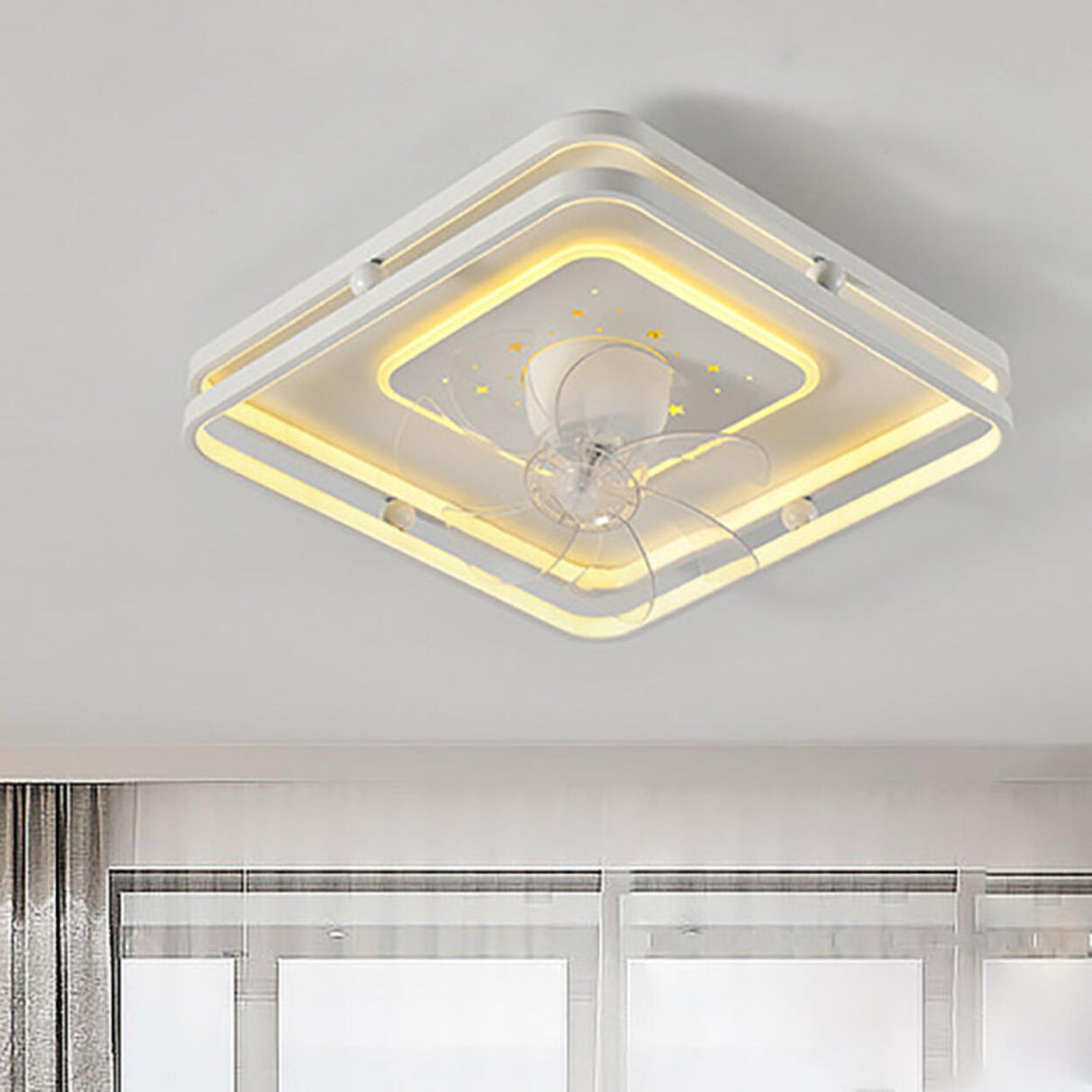 Modern Geometric Flush Mount Ceiling Fan with LED Light Image - 13