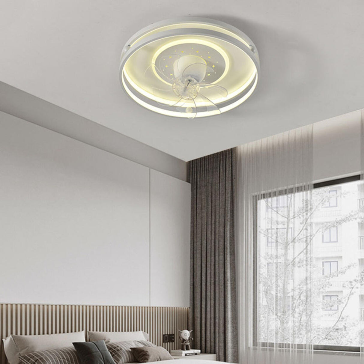 Modern Geometric Flush Mount Ceiling Fan with LED Light Image - 16