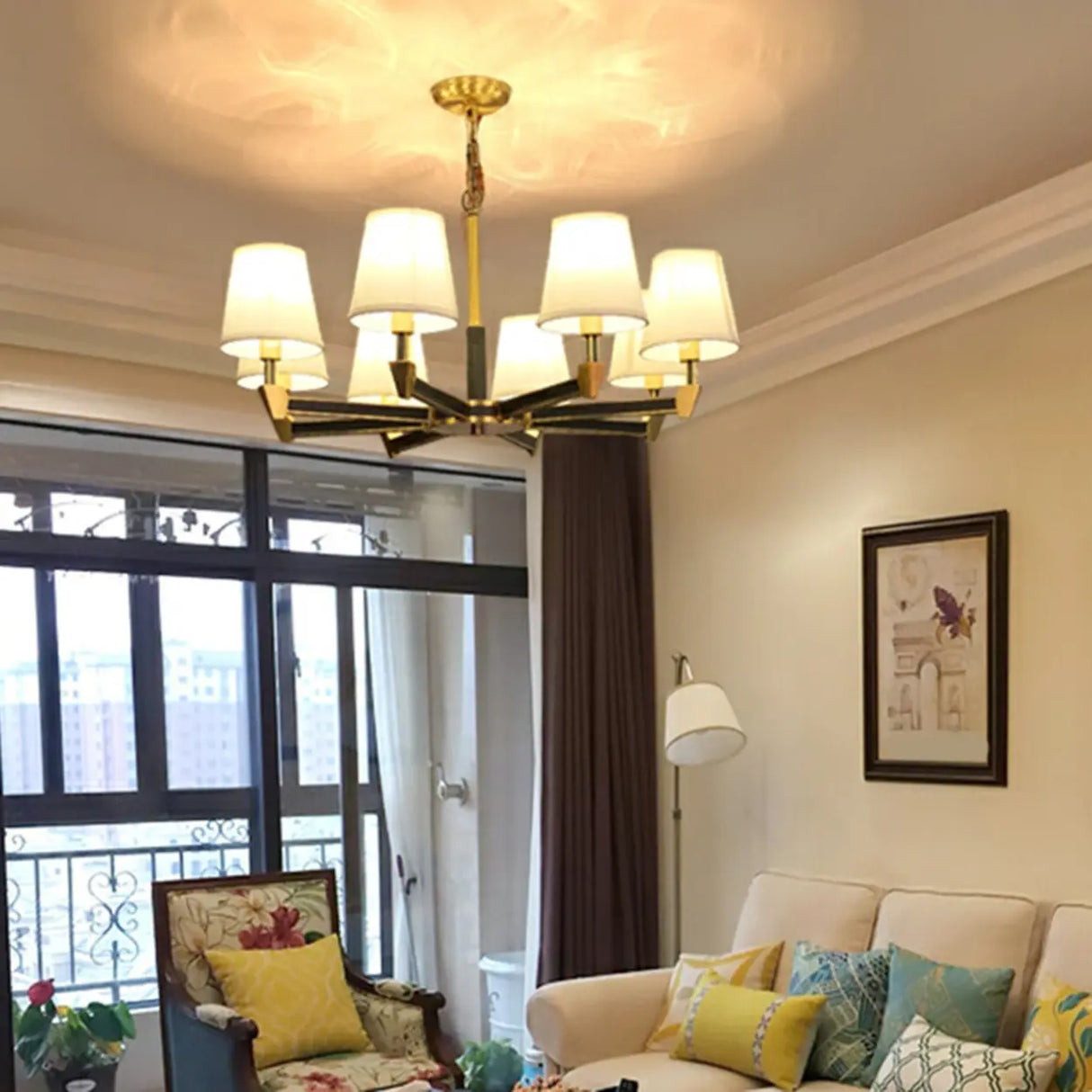 Modern Geometric Metal Gold 8 Lights Fabric Chandelier Image - 1