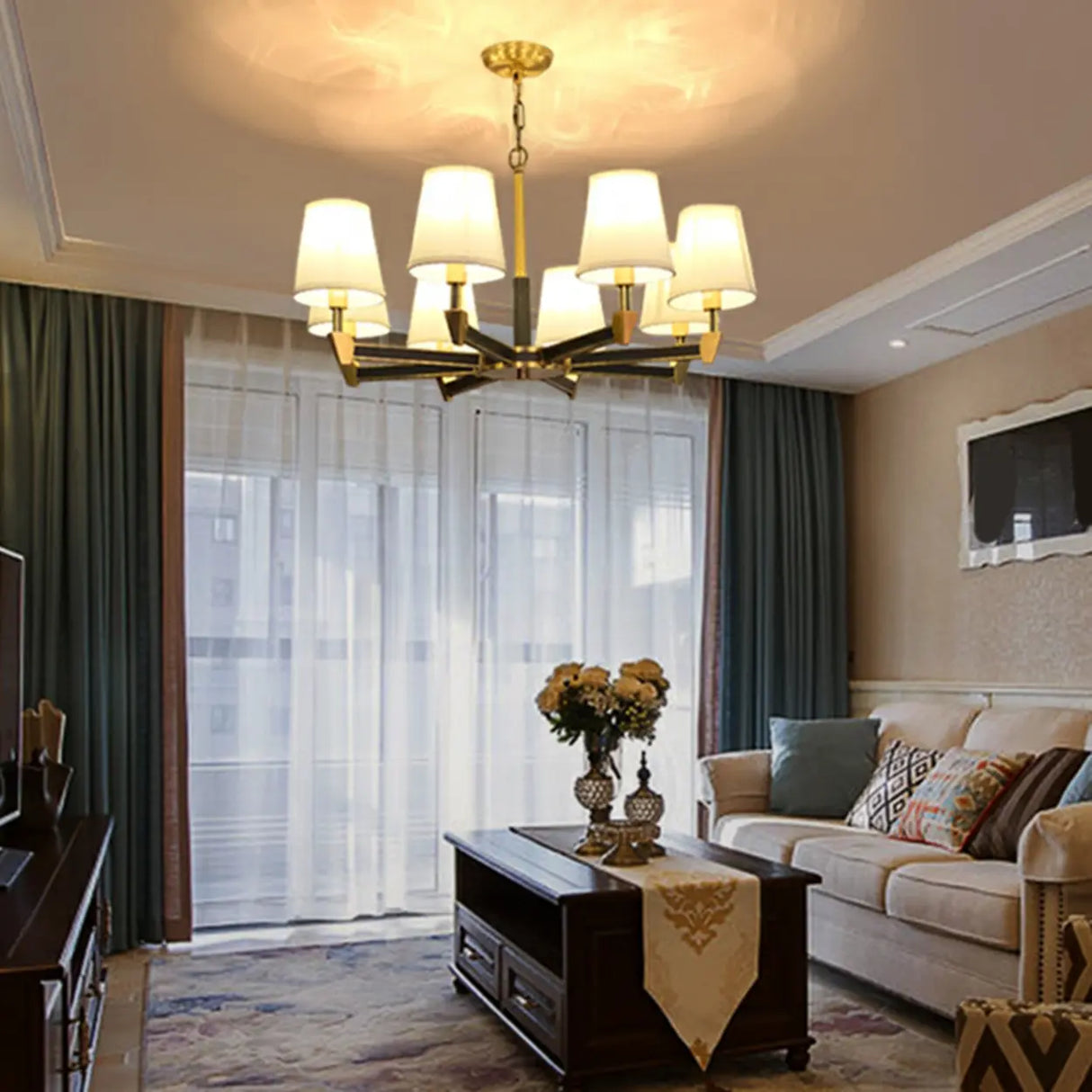 Modern Geometric Metal Gold 8 Lights Fabric Chandelier Image - 2