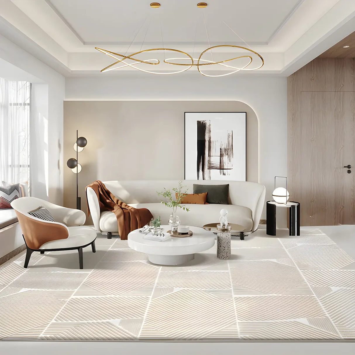 Modern Geometric Pattern Beige Polyester Area Rug Image - 4