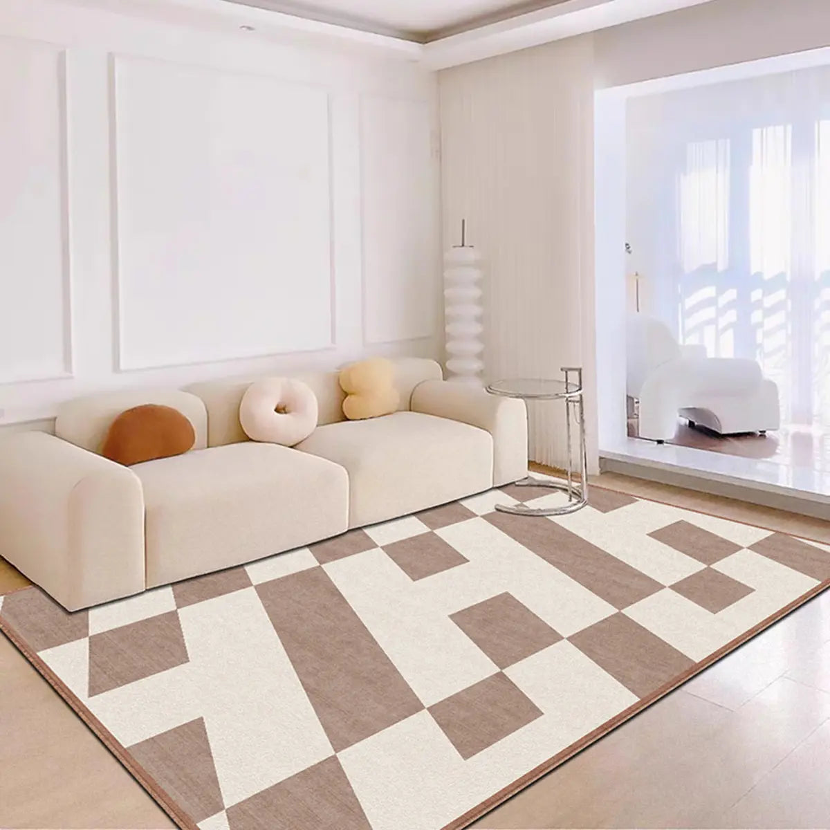 Modern Geometric Pattern Brown and White Area Rug Image - 1